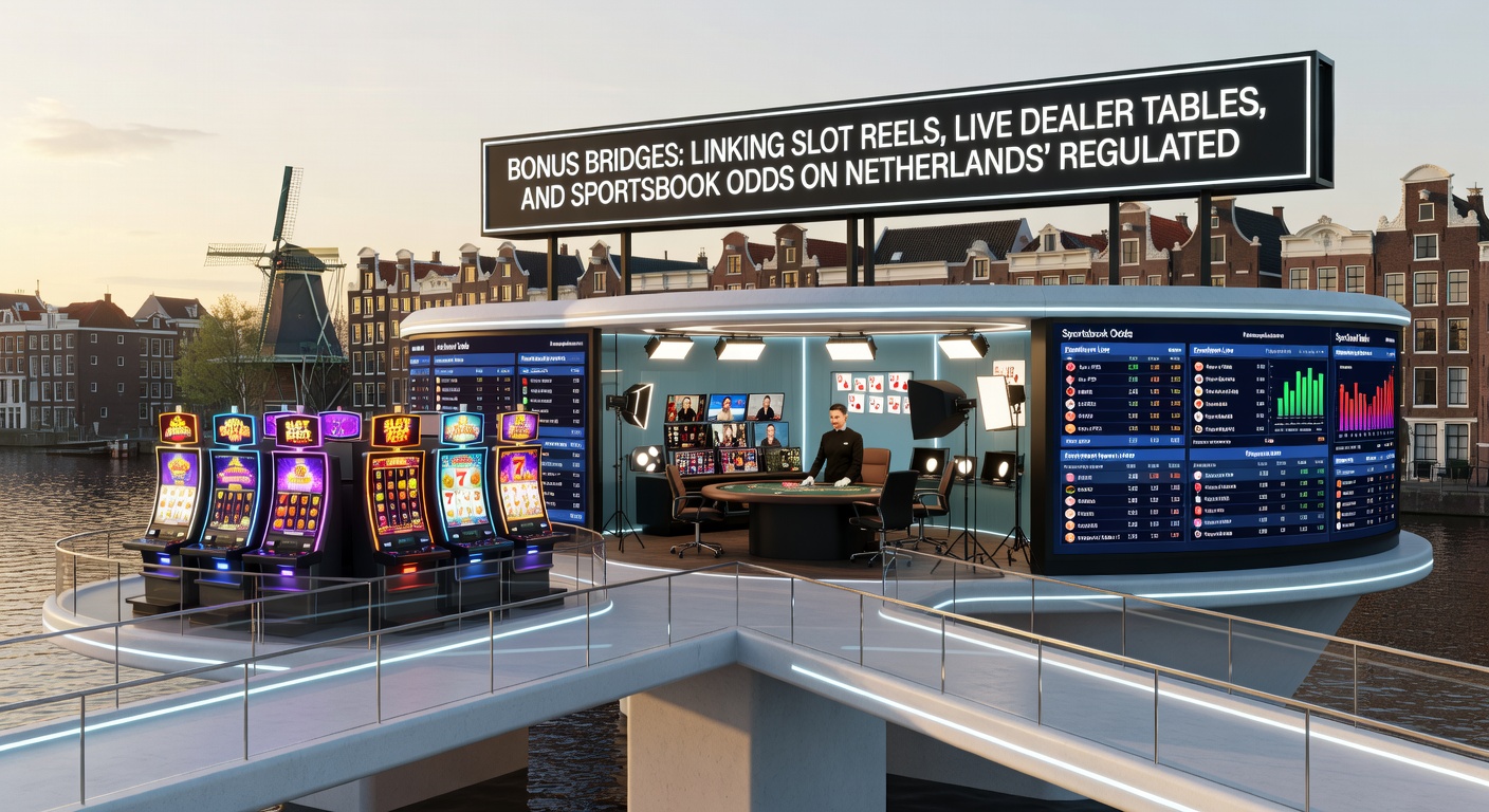 Voorbeeldscherm van een bonusbrug interface op een Nederlands platform, tonen slots, live tafels en sportsbook odds in één dashboard