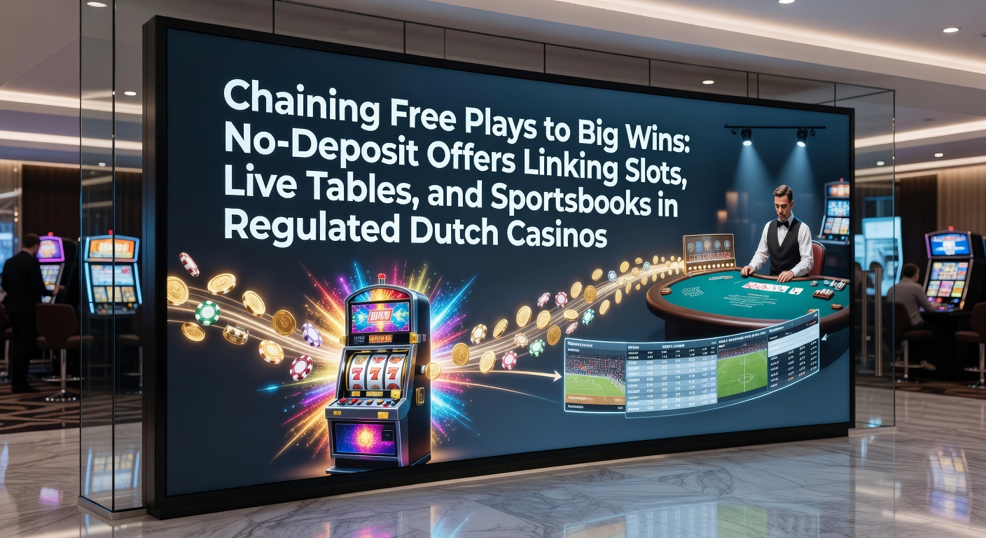 Schermafbeelding van een no-deposit bonusketen met slots, live roulette en sportsbook weddenschappen op een Nederlands casino platform