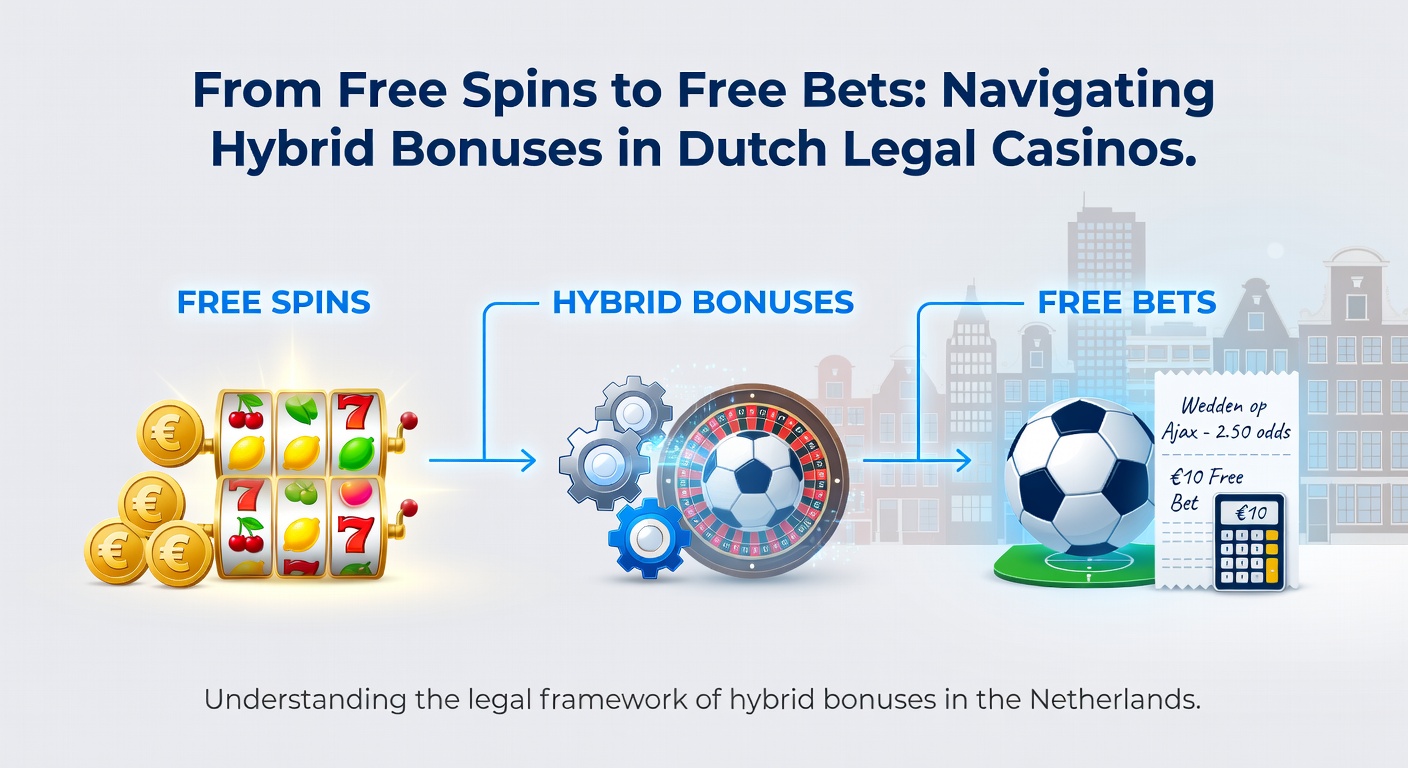 Voorbeeldscherm van een hybrid bonusinterface op een Nederlands casino-platform, tonend free spins conversie naar free bets op sportevents