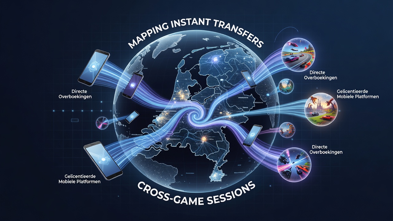 Illustratie van mobiele app interfaces die instant transfers en cross-game sessies tonen op Nederlandse gelicentieerde platforms