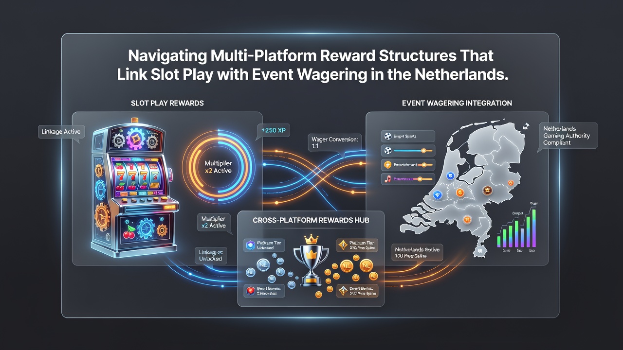 Diagram van hoe slotspellen en evenementenweddenschappen via gedeelde beloningsstructuren op Nederlandse sites verbonden zijn