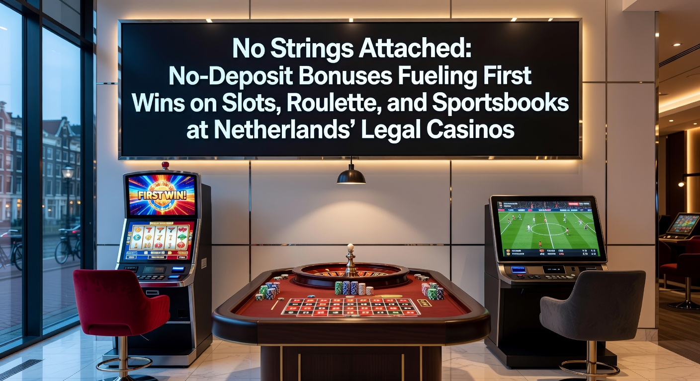 Speler viert eerste winst met no-deposit bonus op een slotmachine in een legaal Nederlands online casino, met felle lichten en draaiende rollen op de achtergrond