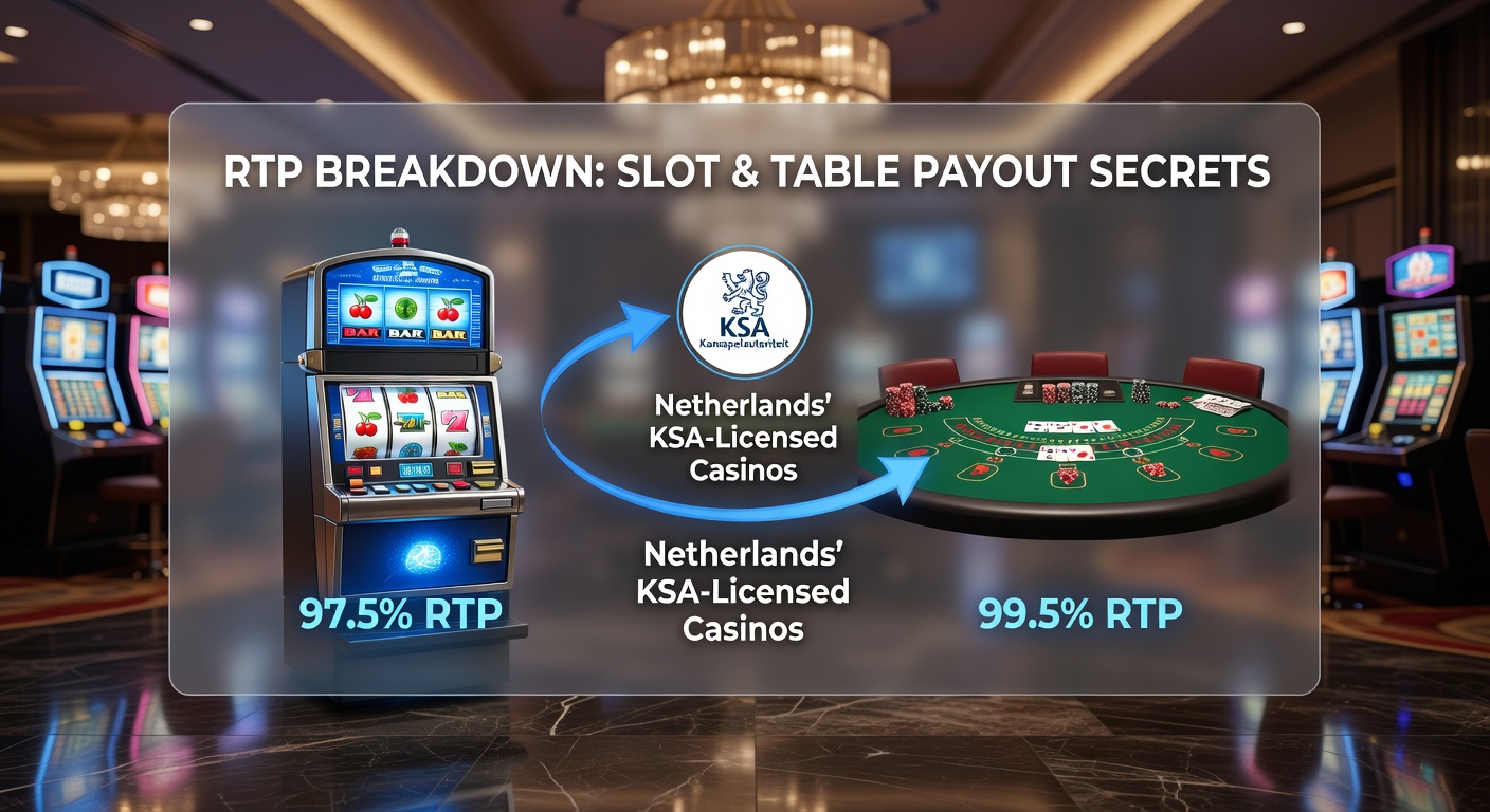 Grafiek met RTP-percentages van populaire slots en tafelspellen bij legale Nederlandse online casinos, inclusief balken voor blackjack, roulette en gokkasten